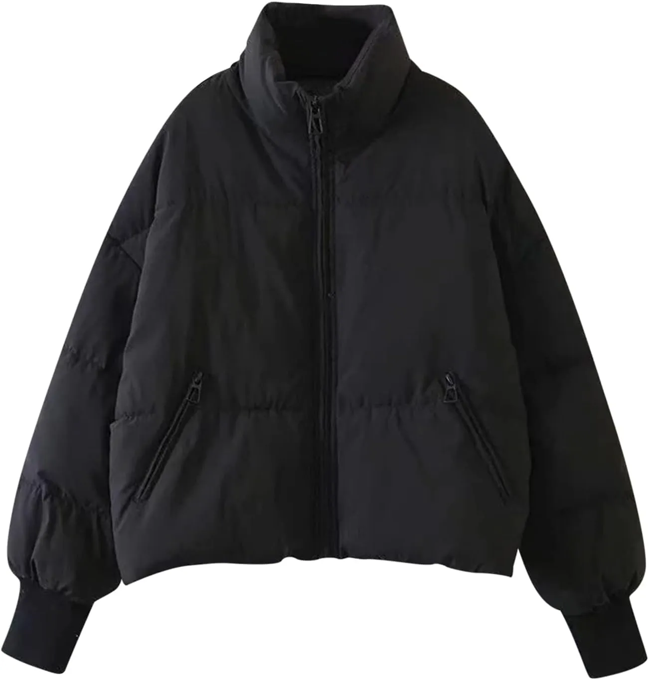 Women' s Winter Cropped Quilted Puffer Jacket Warm Down Coats Lightweight Oversized Zip Stand Collar Casual Outerwear