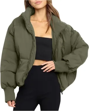 Women' s Winter Cropped Quilted Puffer Jacket Warm Down Coats Lightweight Oversized Zip Stand Collar Casual Outerwear