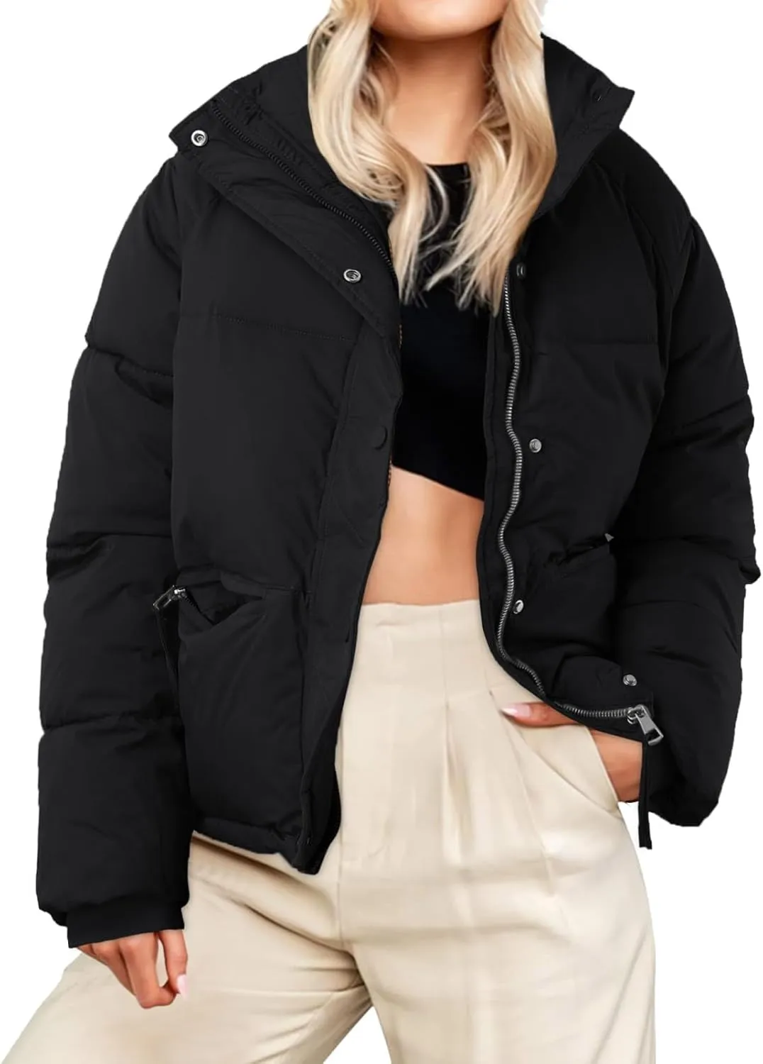 Women' s Winter Cropped Quilted Puffer Jacket Warm Down Coats Lightweight Oversized Zip Stand Collar Casual Outerwear
