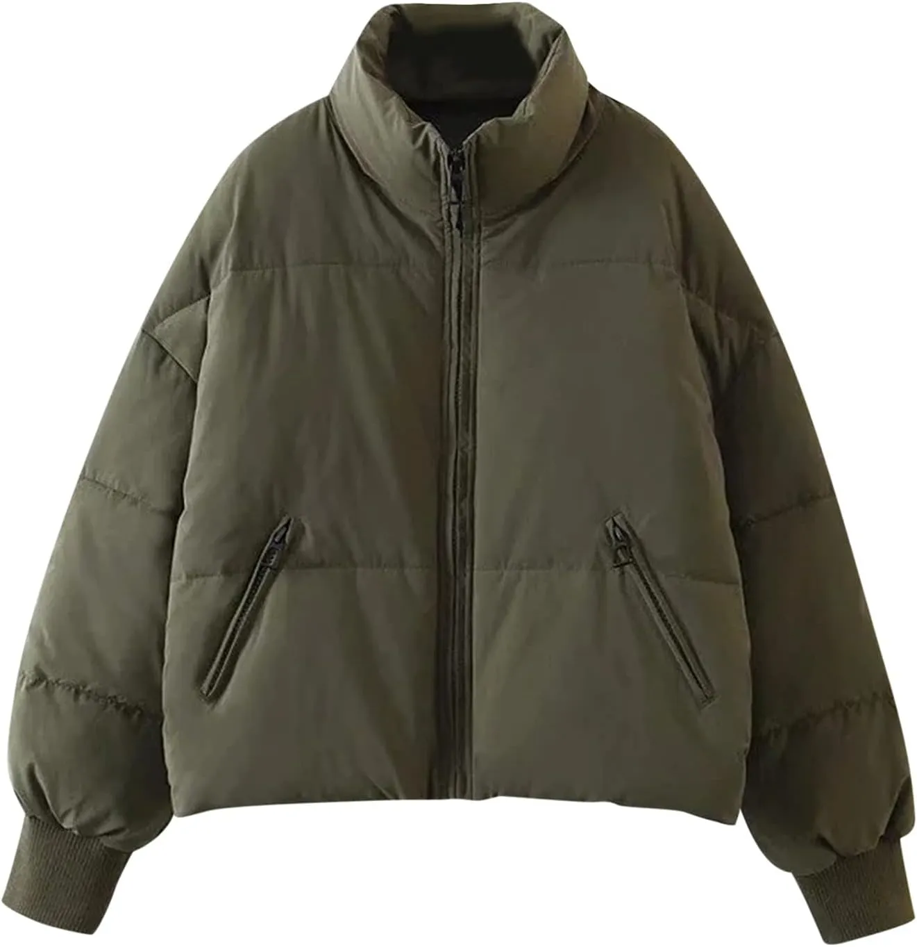 Women' s Winter Cropped Quilted Puffer Jacket Warm Down Coats Lightweight Oversized Zip Stand Collar Casual Outerwear