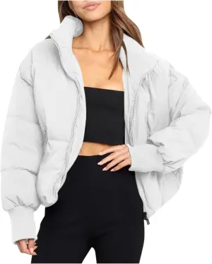 Women' s Winter Cropped Quilted Puffer Jacket Warm Down Coats Lightweight Oversized Zip Stand Collar Casual Outerwear
