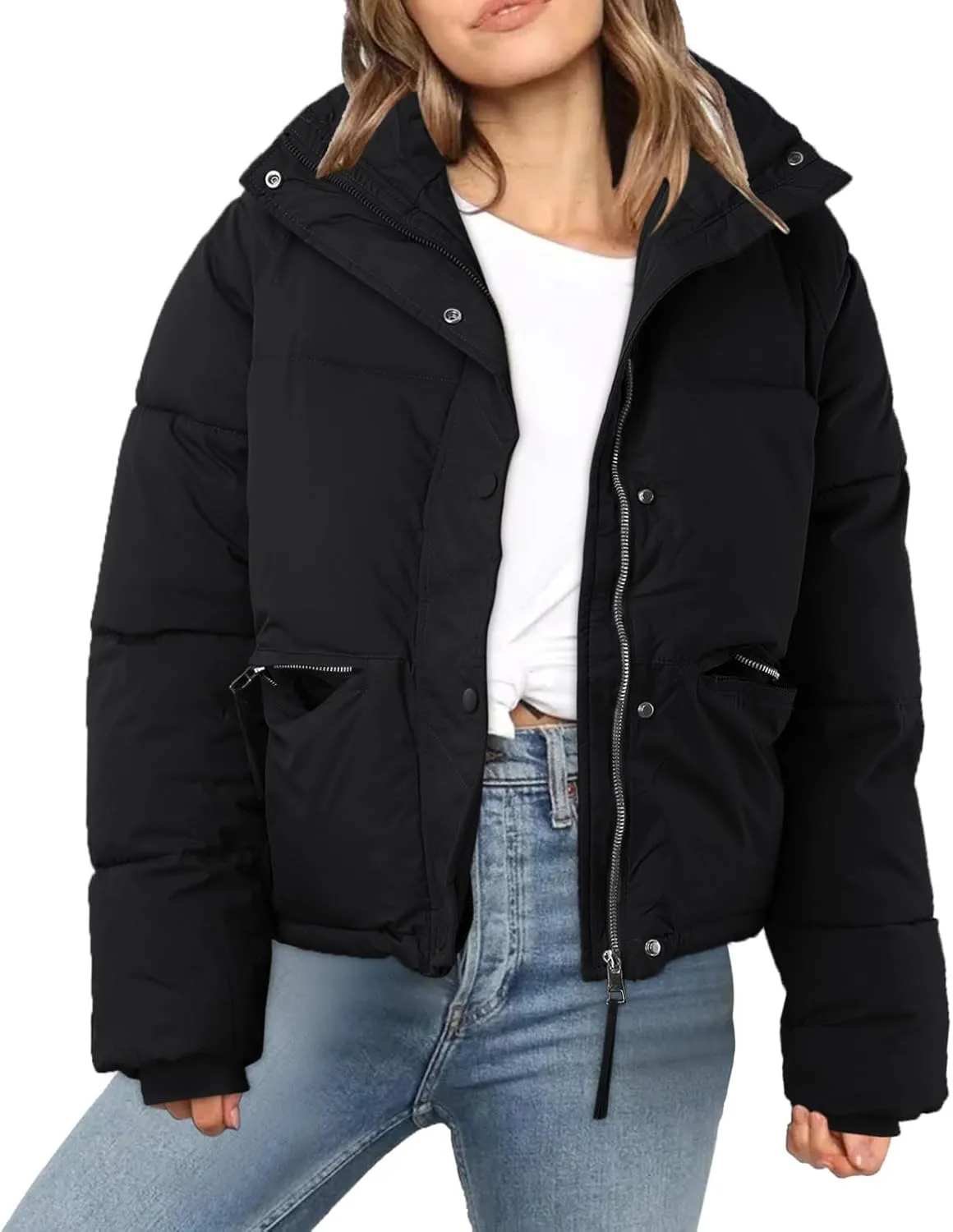 Women' s Winter Cropped Quilted Puffer Jacket Warm Down Coats Lightweight Oversized Zip Stand Collar Casual Outerwear