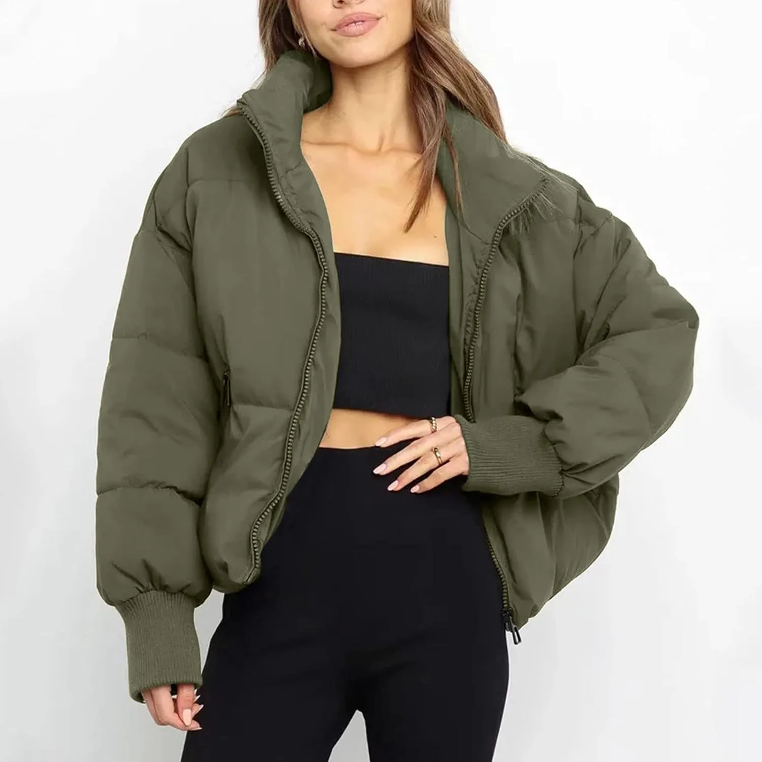 Women' s Winter Cropped Quilted Puffer Jacket Warm Down Coats Lightweight Oversized Zip Stand Collar Casual Outerwear