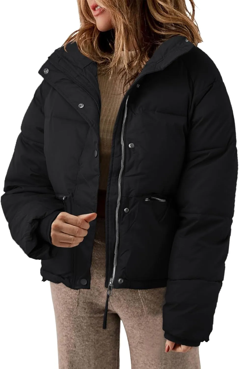 Women' s Winter Cropped Quilted Puffer Jacket Warm Down Coats Lightweight Oversized Zip Stand Collar Casual Outerwear