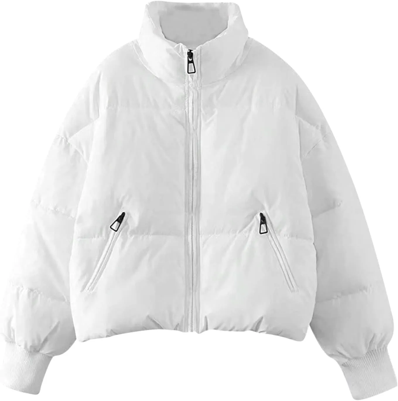Women' s Winter Cropped Quilted Puffer Jacket Warm Down Coats Lightweight Oversized Zip Stand Collar Casual Outerwear