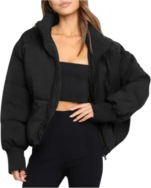Women' s Winter Cropped Quilted Puffer Jacket Warm Down Coats Lightweight Oversized Zip Stand Collar Casual Outerwear