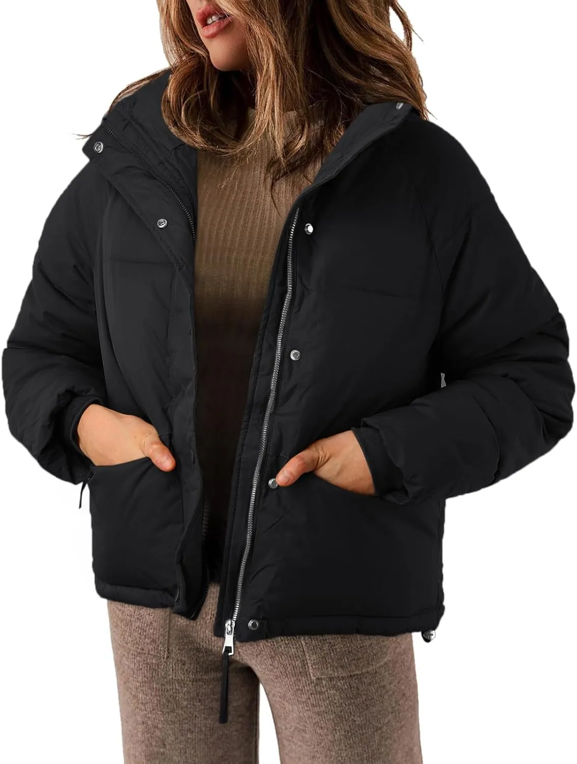 Women' s Winter Cropped Quilted Puffer Jacket Warm Down Coats Lightweight Oversized Zip Stand Collar Casual Outerwear