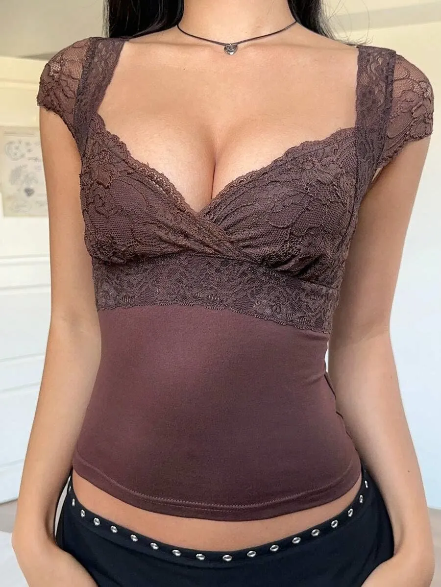 Women Sexy Deep V Neck Lace Patchwork Top Summer Slim Fit Solid Cap Sleeve Wrap Going Out Tee Shirt Streetwear