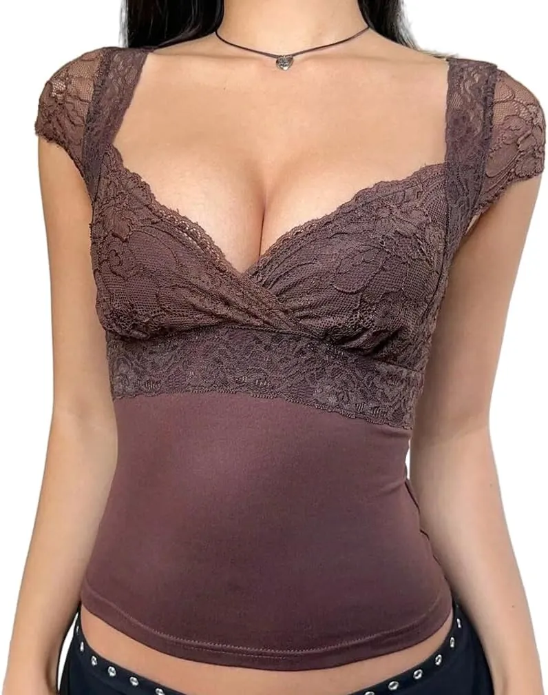 Women Sexy Deep V Neck Lace Patchwork Top Summer Slim Fit Solid Cap Sleeve Wrap Going Out Tee Shirt Streetwear