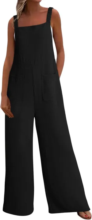 Women Summer Dressy Jumpsuits Casual Wide Leg Pants Romper Jumper Front Pocket Straps Loose Overalls Outfit One Piece