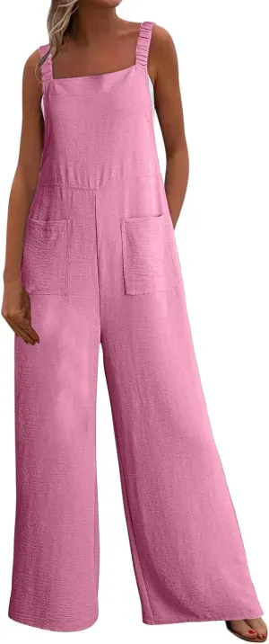 Women Summer Dressy Jumpsuits Casual Wide Leg Pants Romper Jumper Front Pocket Straps Loose Overalls Outfit One Piece