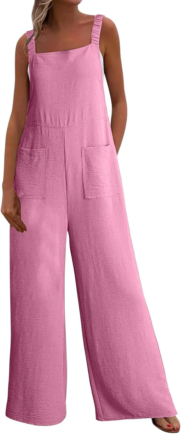 Women Summer Dressy Jumpsuits Casual Wide Leg Pants Romper Jumper Front Pocket Straps Loose Overalls Outfit One Piece