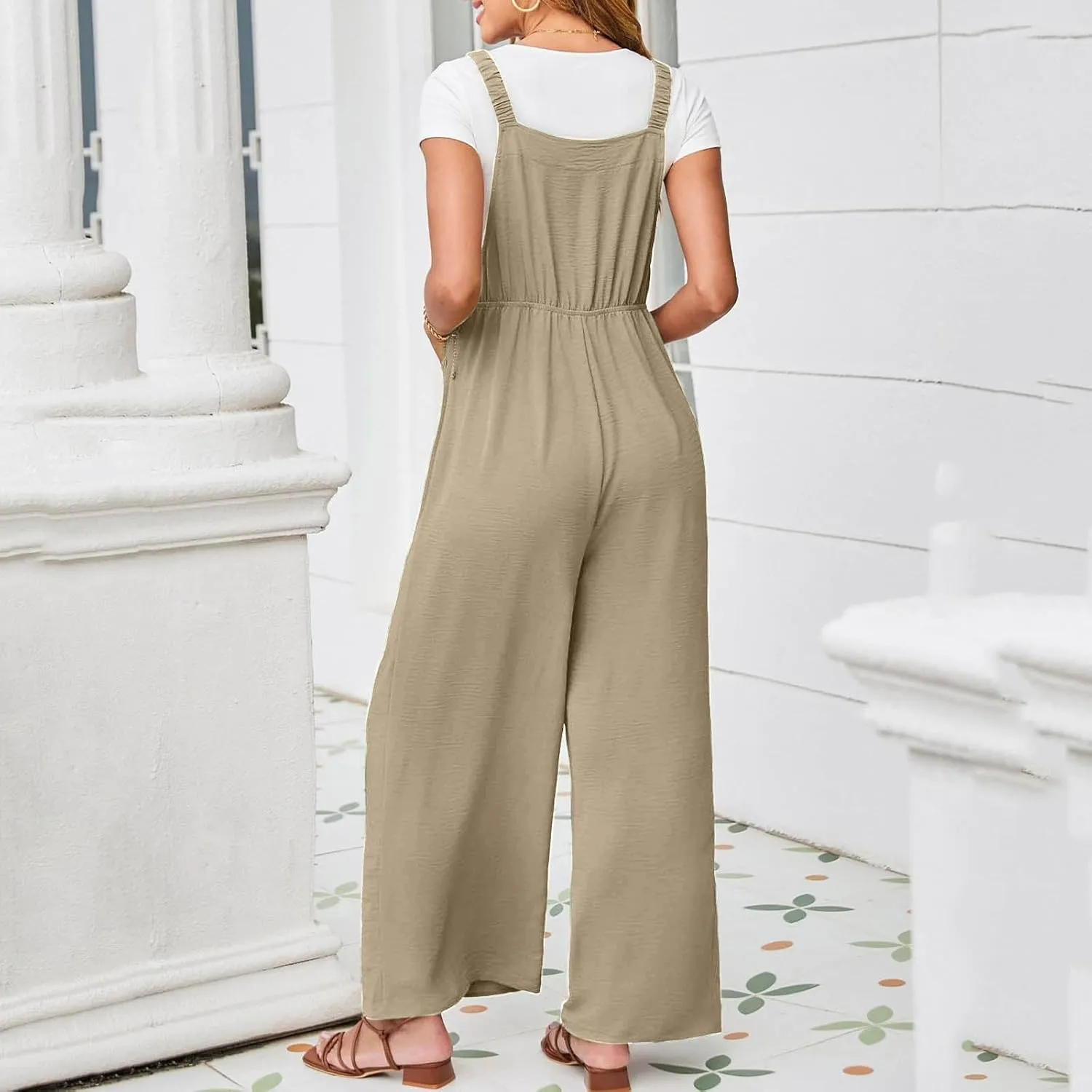 Women Summer Dressy Jumpsuits Casual Wide Leg Pants Romper Jumper Front Pocket Straps Loose Overalls Outfit One Piece