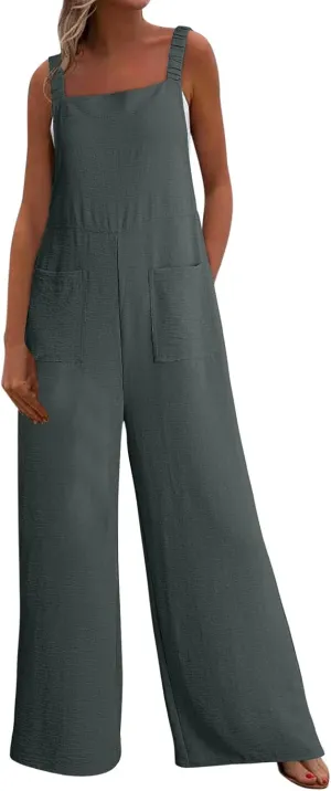 Women Summer Dressy Jumpsuits Casual Wide Leg Pants Romper Jumper Front Pocket Straps Loose Overalls Outfit One Piece
