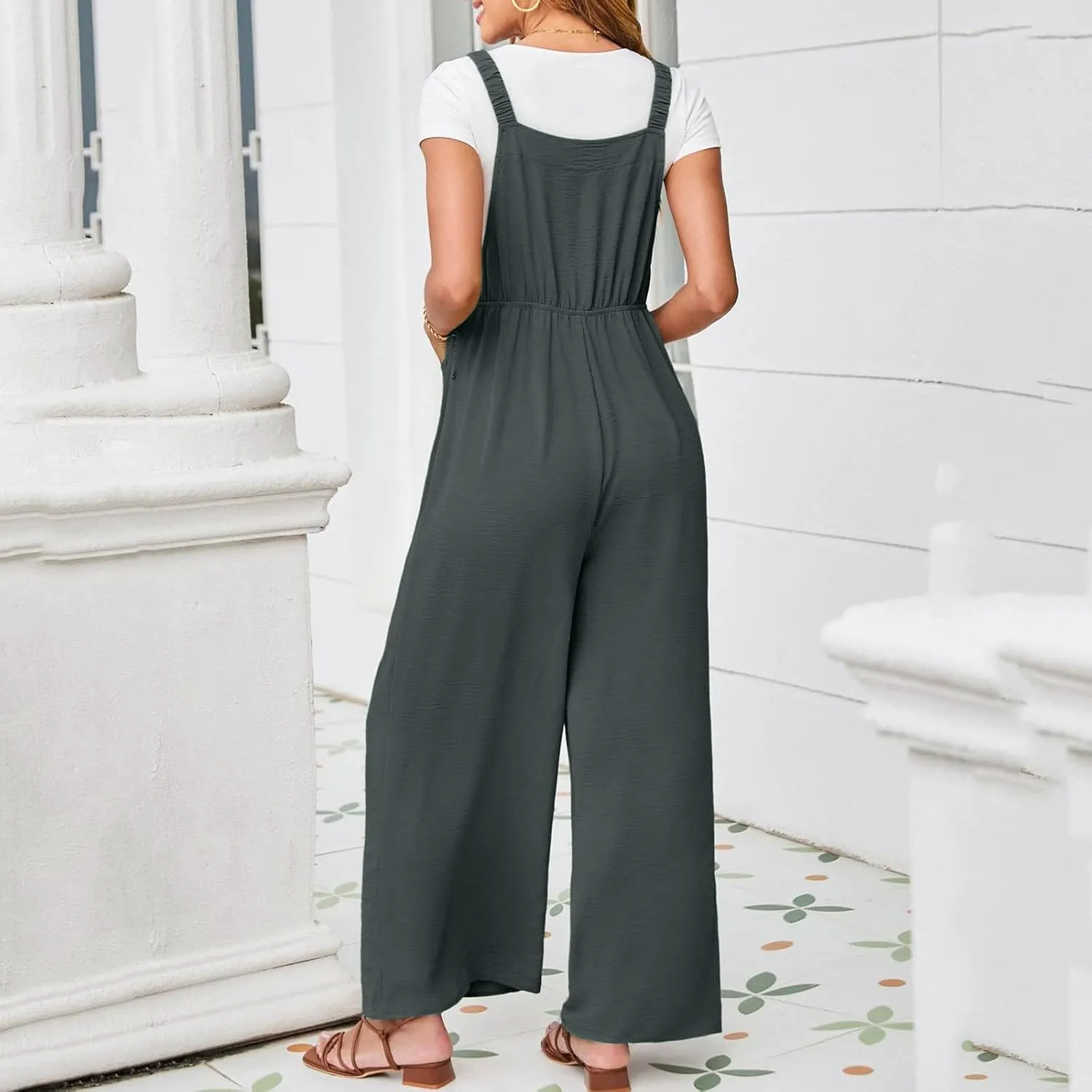 Women Summer Dressy Jumpsuits Casual Wide Leg Pants Romper Jumper Front Pocket Straps Loose Overalls Outfit One Piece