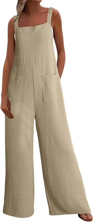 Women Summer Dressy Jumpsuits Casual Wide Leg Pants Romper Jumper Front Pocket Straps Loose Overalls Outfit One Piece