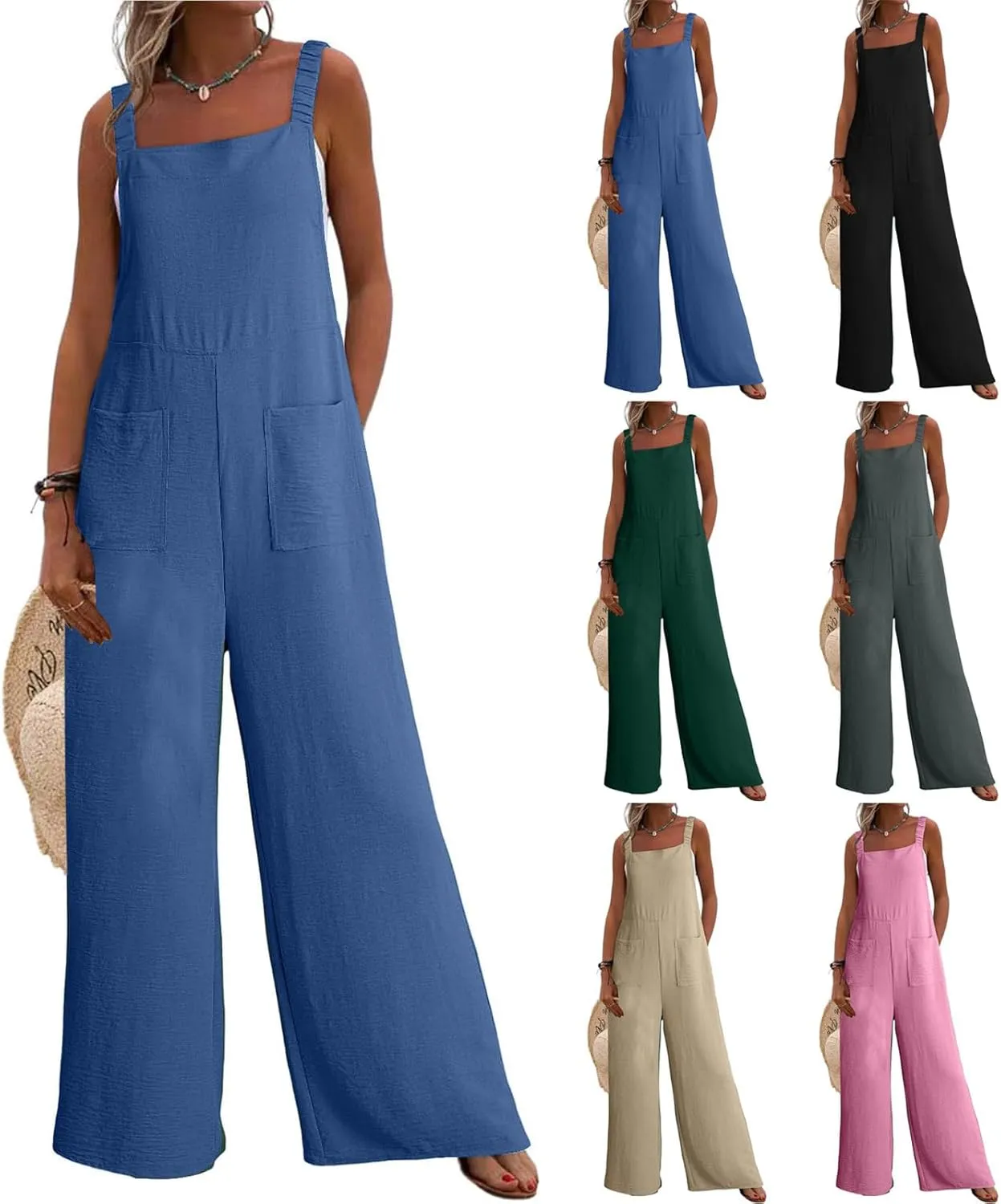 Women Summer Dressy Jumpsuits Casual Wide Leg Pants Romper Jumper Front Pocket Straps Loose Overalls Outfit One Piece