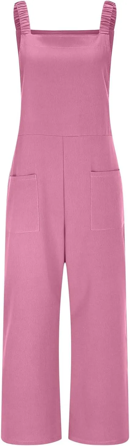 Women Summer Dressy Jumpsuits Casual Wide Leg Pants Romper Jumper Front Pocket Straps Loose Overalls Outfit One Piece