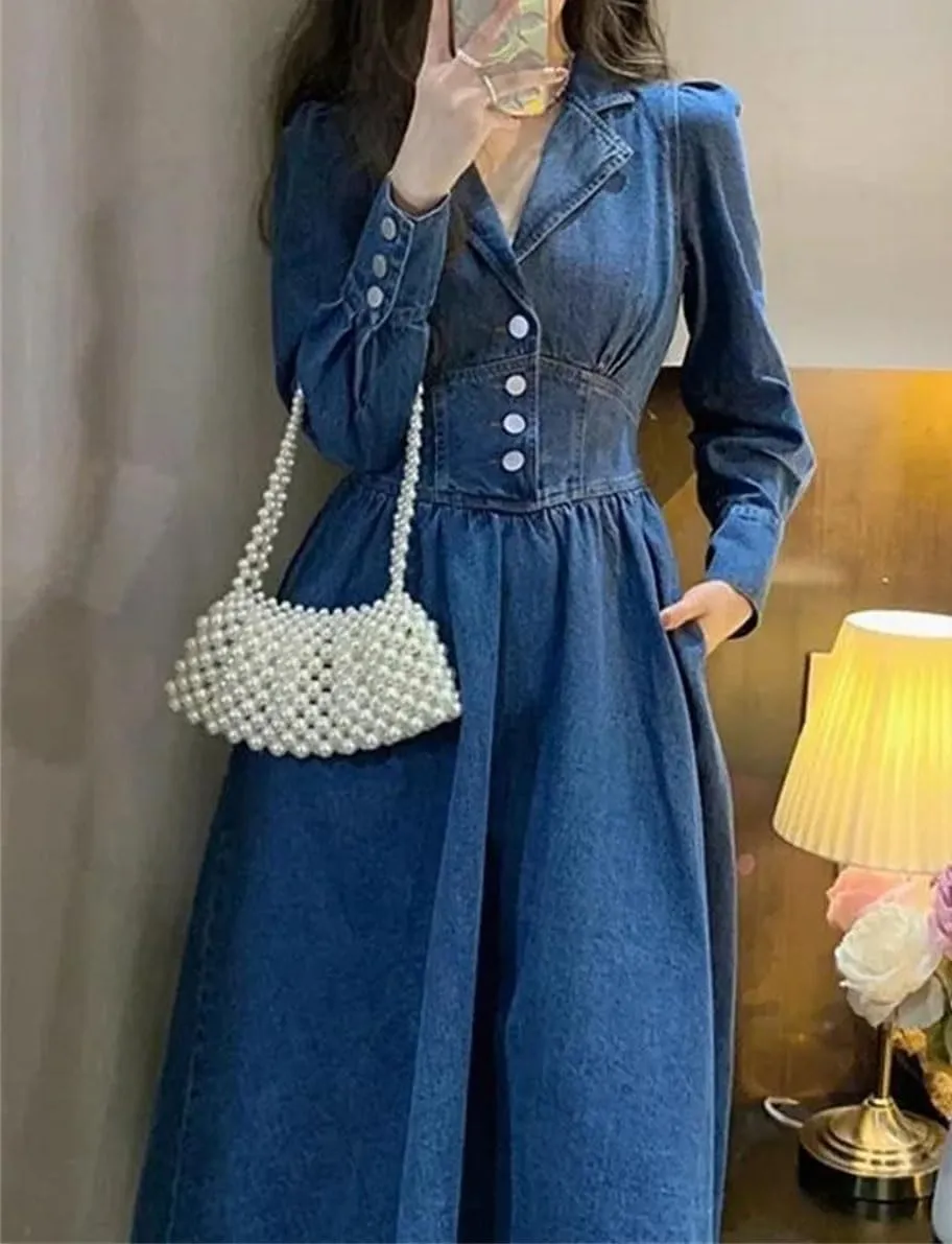 Women Vintage Long Sleeve Denim Dress Long Sleeve V-Neck Solid Casual Dresses
