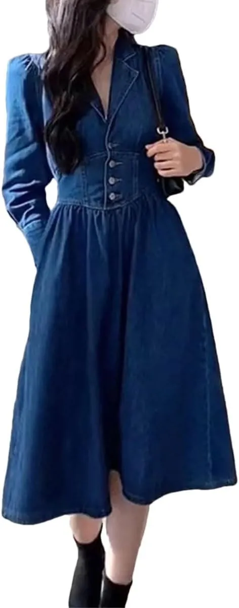 Women Vintage Long Sleeve Denim Dress Long Sleeve V-Neck Solid Casual Dresses