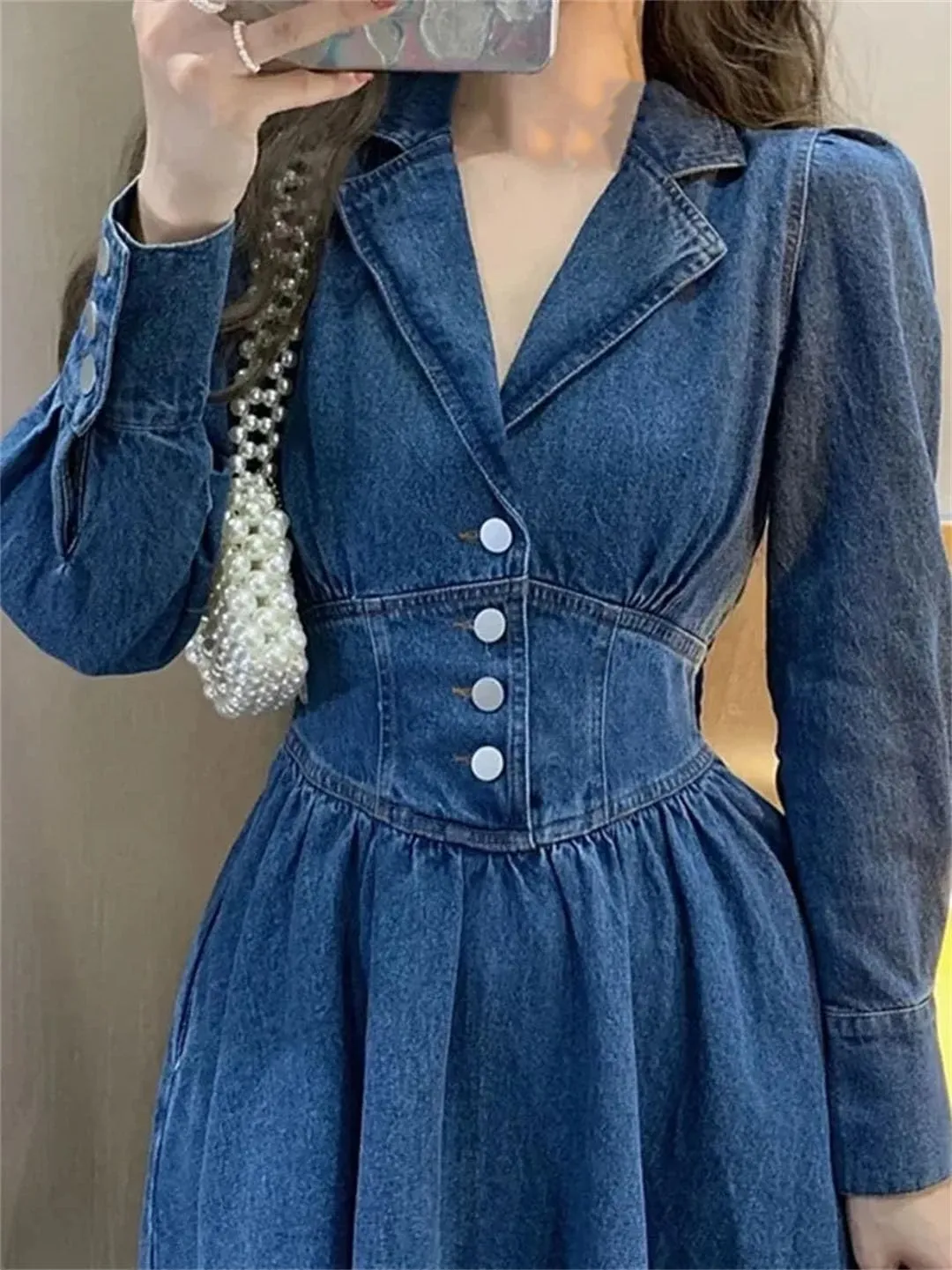 Women Vintage Long Sleeve Denim Dress Long Sleeve V-Neck Solid Casual Dresses