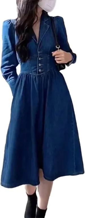 Women Vintage Long Sleeve Denim Dress Long Sleeve V-Neck Solid Casual Dresses