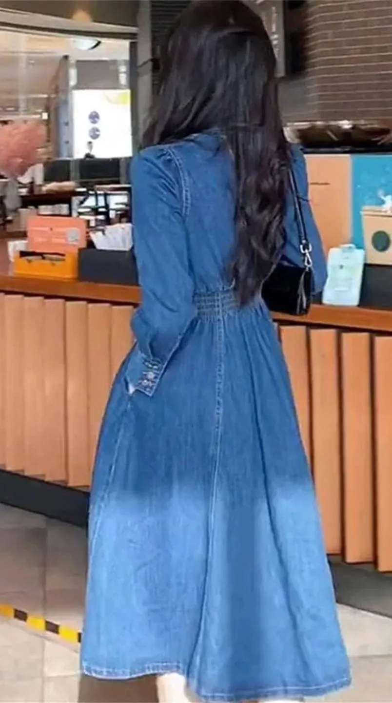 Women Vintage Long Sleeve Denim Dress Long Sleeve V-Neck Solid Casual Dresses