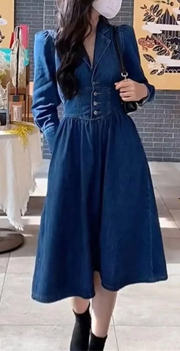 Women Vintage Long Sleeve Denim Dress Long Sleeve V-Neck Solid Casual Dresses