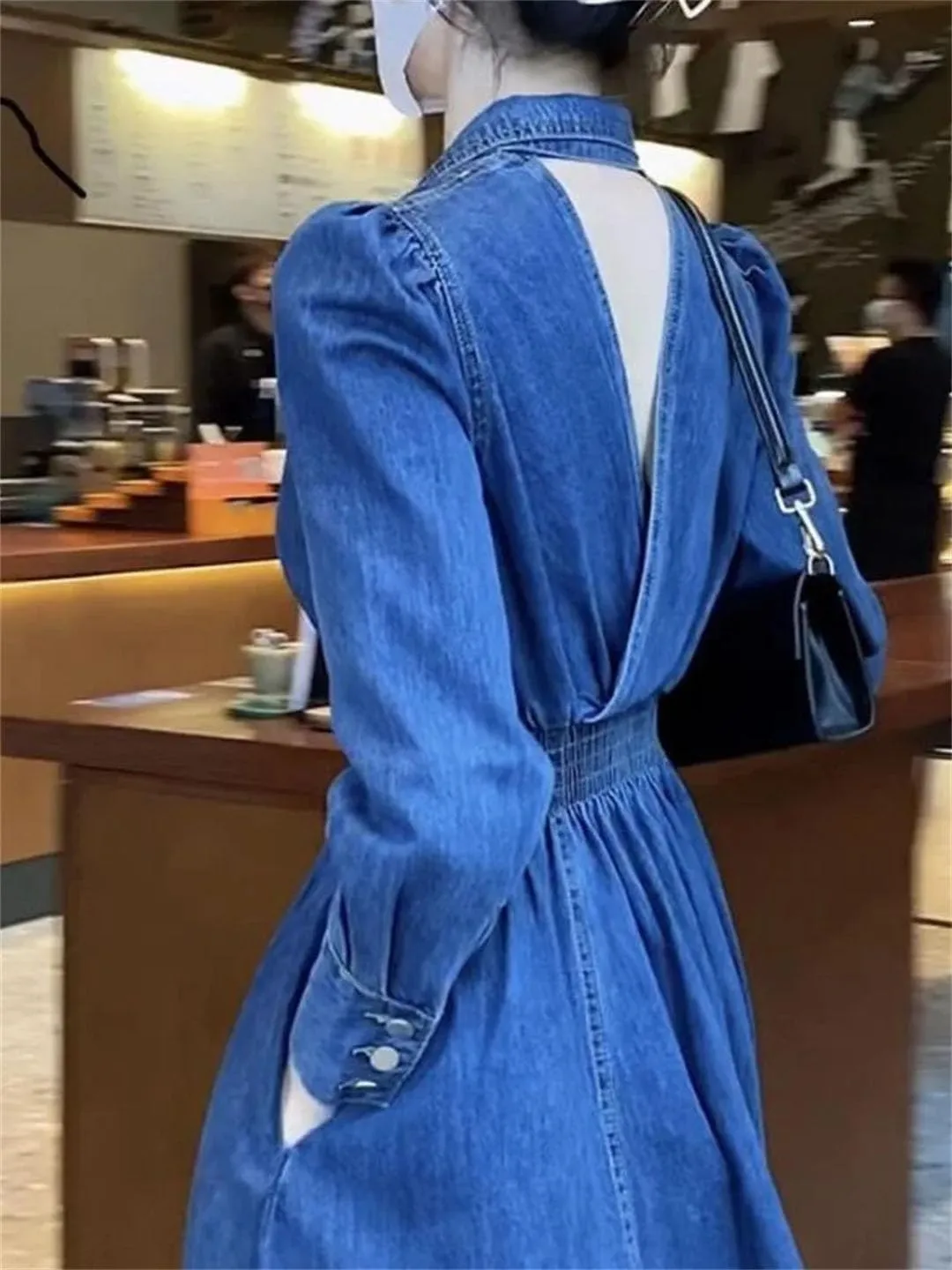 Women Vintage Long Sleeve Denim Dress Long Sleeve V-Neck Solid Casual Dresses