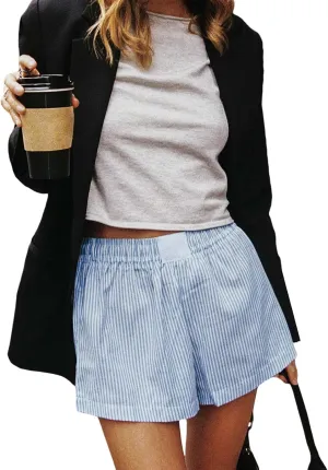 Women Y2k Striped Boxer Shorts Casual High Waist Pajama Bottoms Wide Leg Striped Lounge Shorts Summer Sleepwear