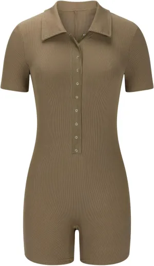 Women Yoga Rompers Workout Ribbed Short Sleeve Sport Romper Buttion Front Stretch Tummy Control Slimming Bodysuits