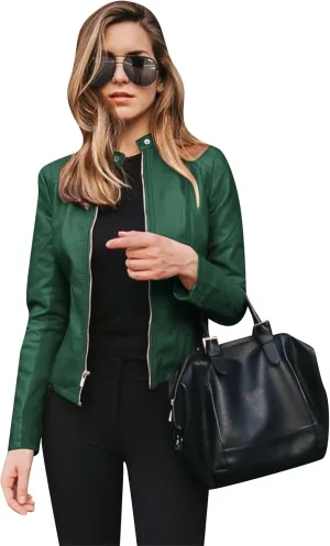 Women Zip Up Long Sleeve Outwear Motorcycle Solid Color Short Coat Long Sleeve Cropped Jacket
