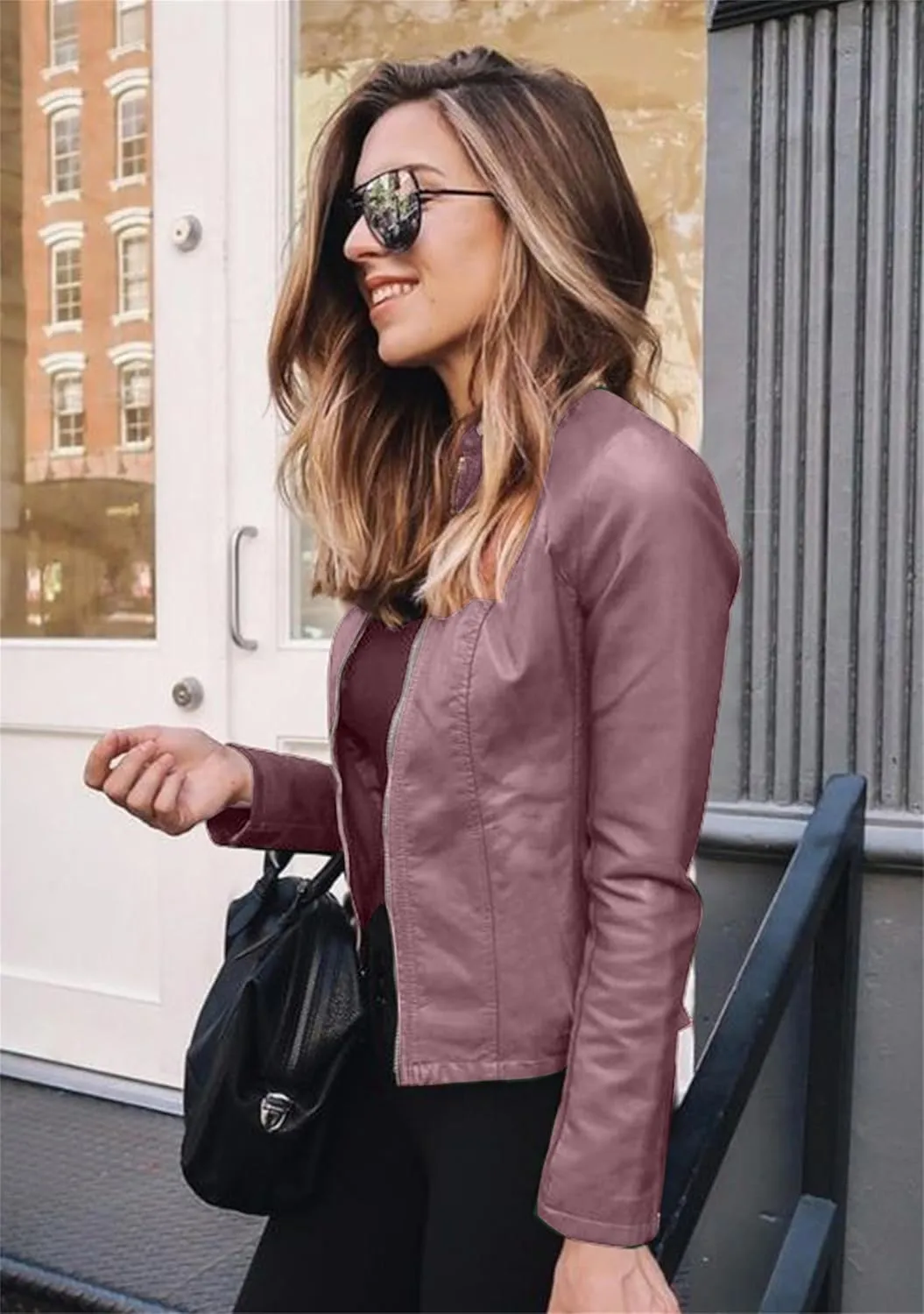 Women Zip Up Long Sleeve Outwear Motorcycle Solid Color Short Coat Long Sleeve Cropped Jacket