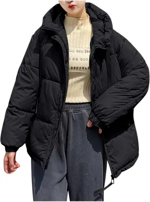 Womens 2024 Winter Coats with Hood Puffer Jackets Zip Up Parkas Long Sleeve Padded Warm Down Coats Casual Outerwear