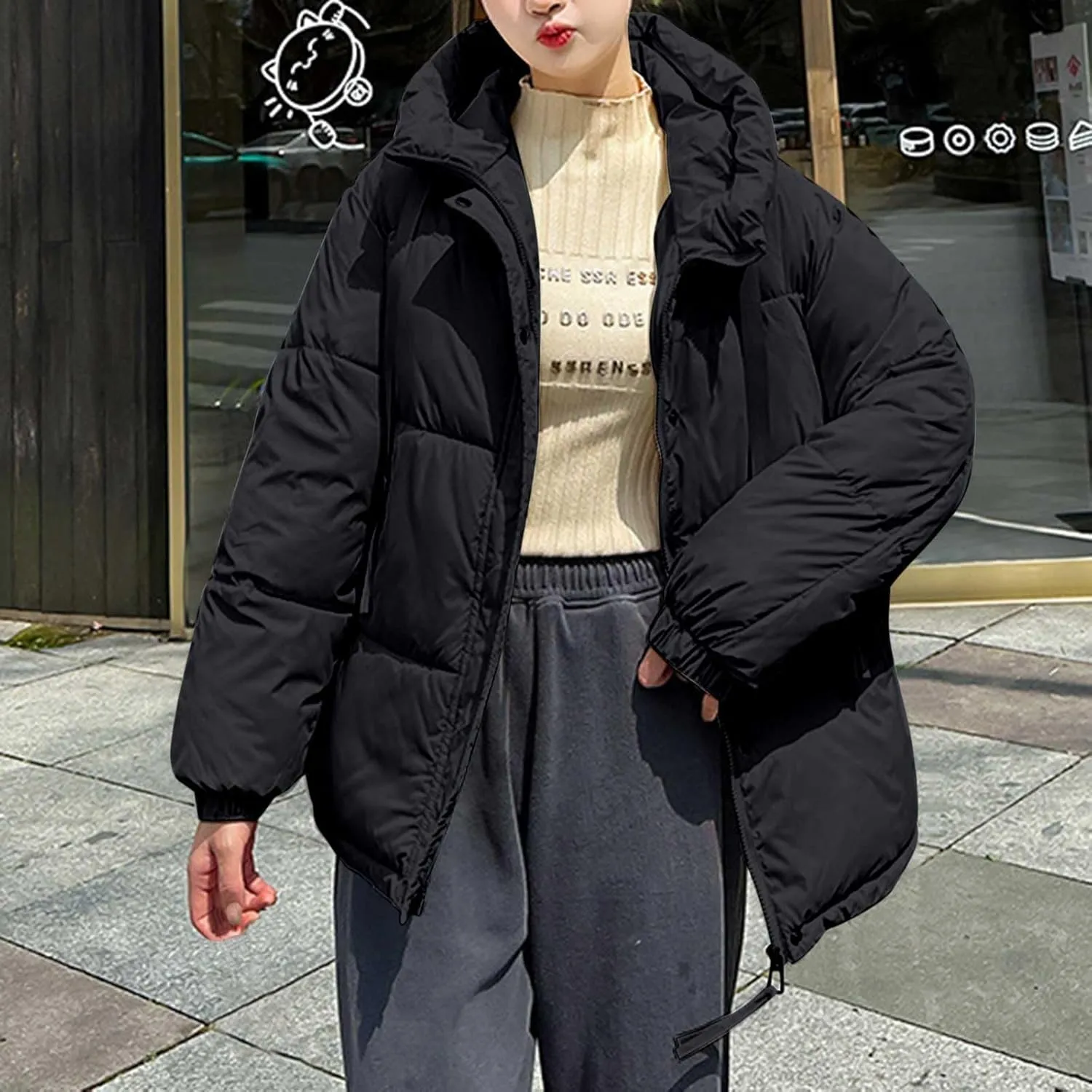 Womens 2024 Winter Coats with Hood Puffer Jackets Zip Up Parkas Long Sleeve Padded Warm Down Coats Casual Outerwear