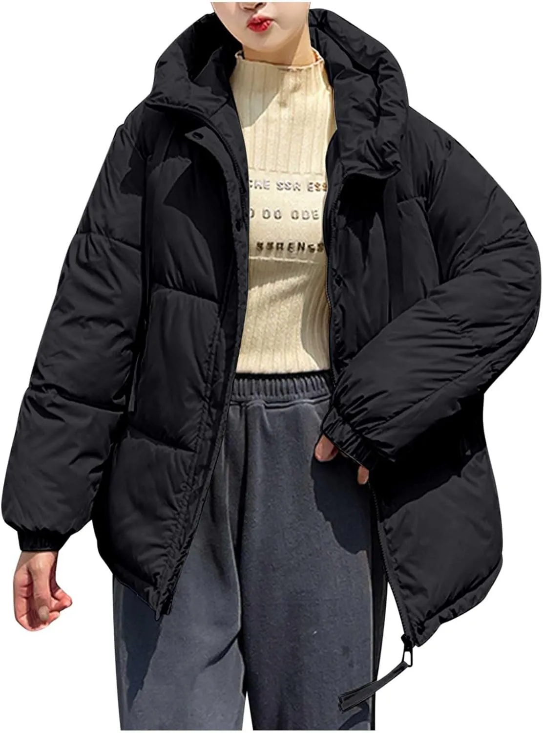 Womens 2024 Winter Coats with Hood Puffer Jackets Zip Up Parkas Long Sleeve Padded Warm Down Coats Casual Outerwear