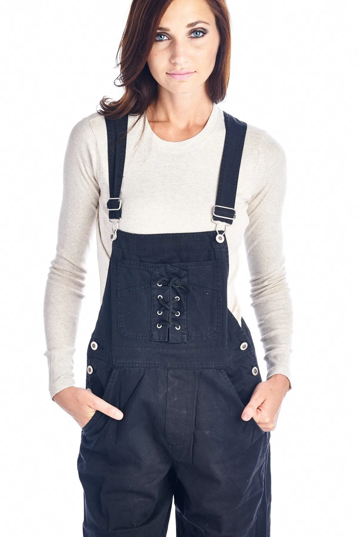 Women's Black Washed Denim Overalls