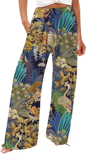 Women's Boho Tropical Print Wide Leg Pants Womens Cotton Casual Loose Pants Comfy Work Pants Casual Wide Leg Long