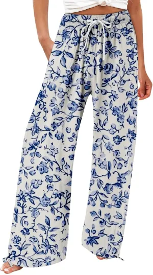 Women's Boho Tropical Print Wide Leg Pants Womens Cotton Casual Loose Pants Comfy Work Pants Casual Wide Leg Long