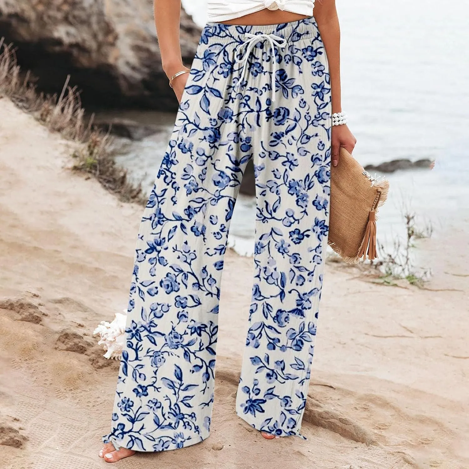 Women's Boho Tropical Print Wide Leg Pants Womens Cotton Casual Loose Pants Comfy Work Pants Casual Wide Leg Long