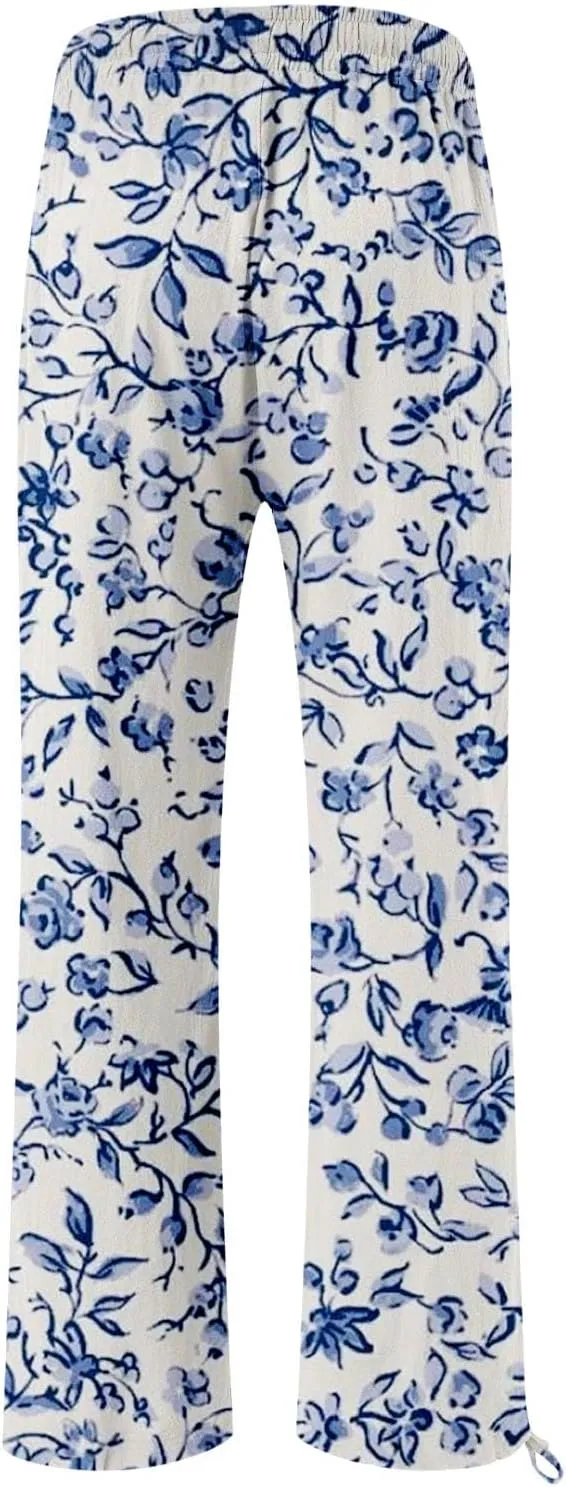 Women's Boho Tropical Print Wide Leg Pants Womens Cotton Casual Loose Pants Comfy Work Pants Casual Wide Leg Long