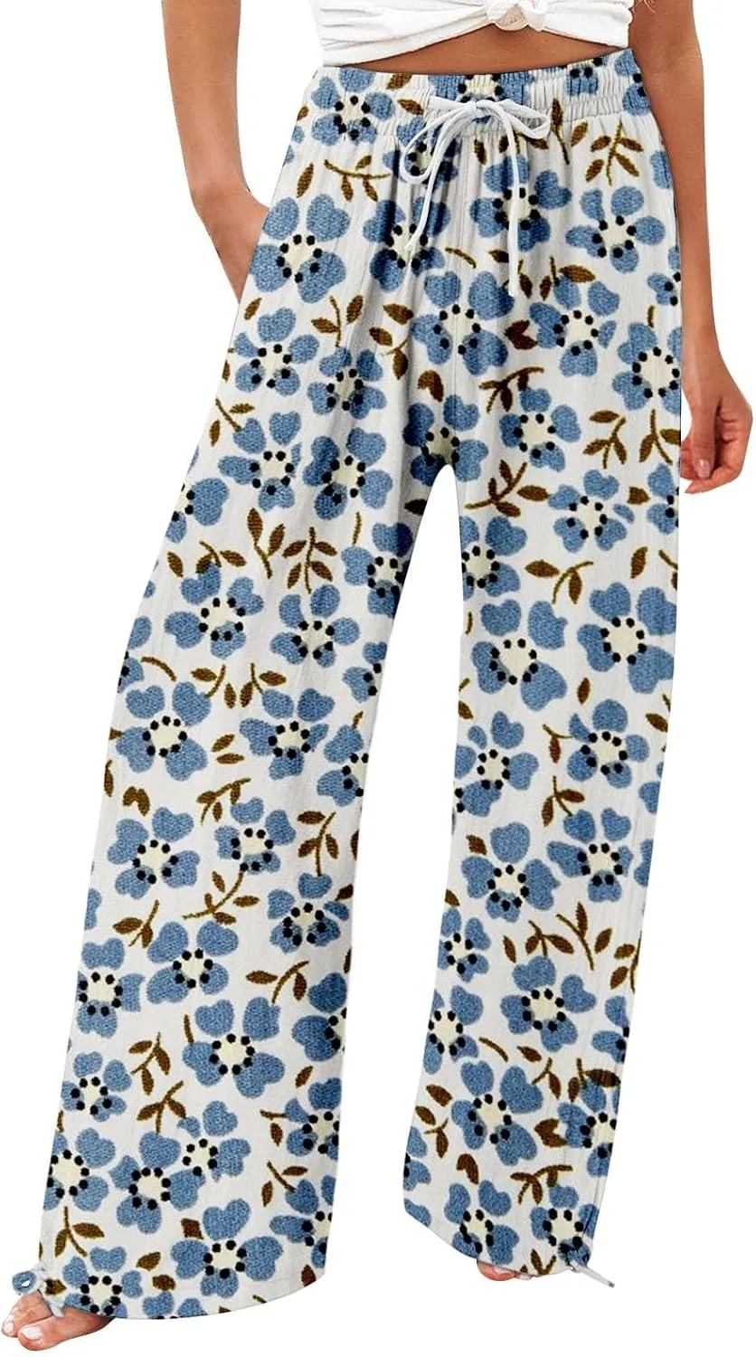 Women's Boho Tropical Print Wide Leg Pants Womens Cotton Casual Loose Pants Comfy Work Pants Casual Wide Leg Long