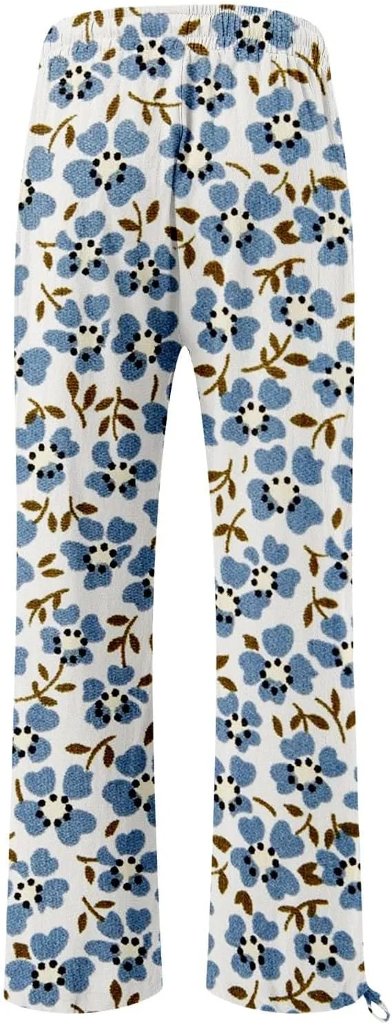 Women's Boho Tropical Print Wide Leg Pants Womens Cotton Casual Loose Pants Comfy Work Pants Casual Wide Leg Long