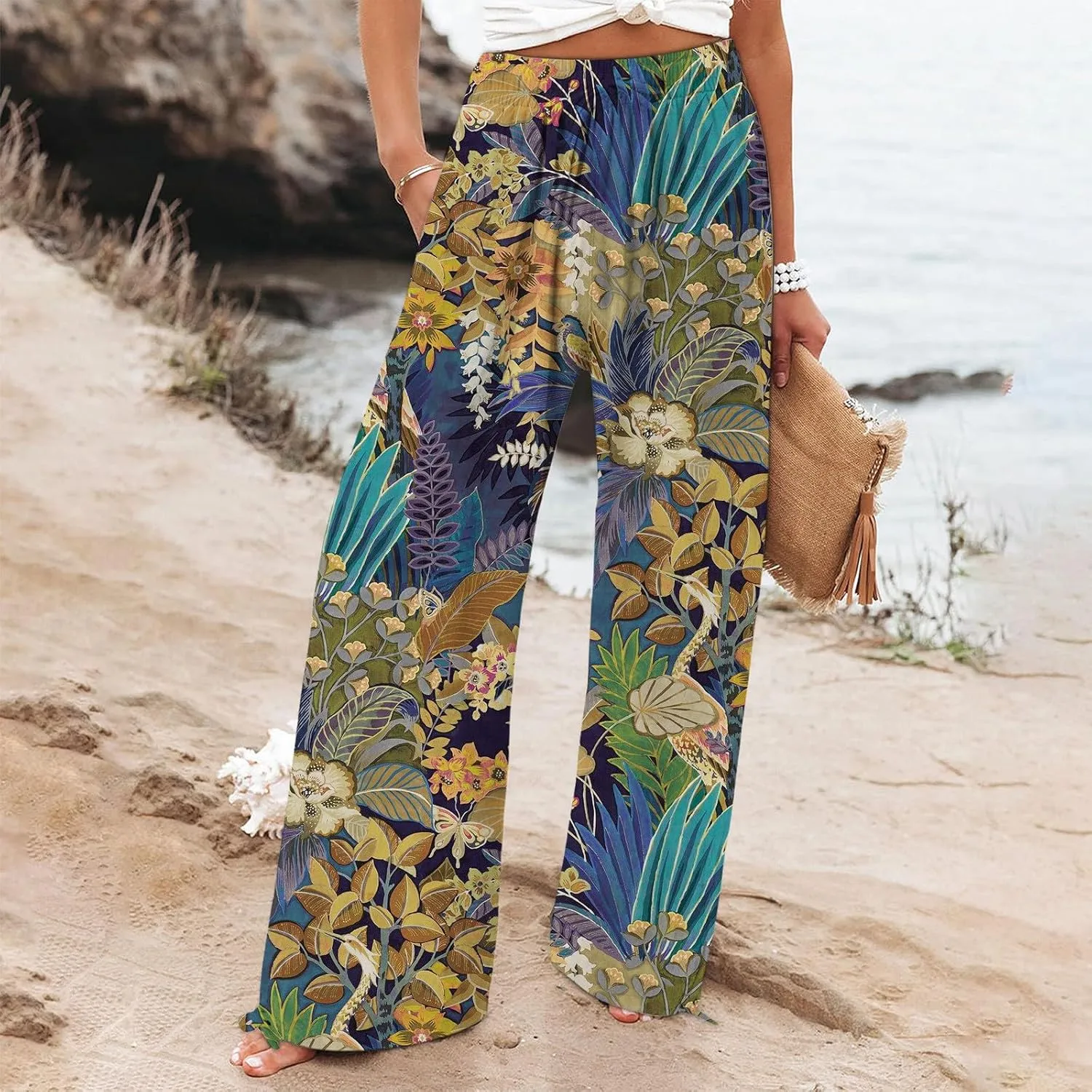 Women's Boho Tropical Print Wide Leg Pants Womens Cotton Casual Loose Pants Comfy Work Pants Casual Wide Leg Long