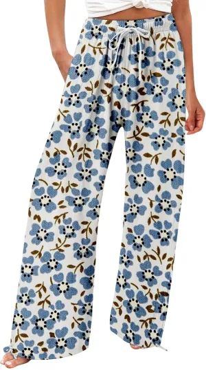Women's Boho Tropical Print Wide Leg Pants Womens Cotton Casual Loose Pants Comfy Work Pants Casual Wide Leg Long