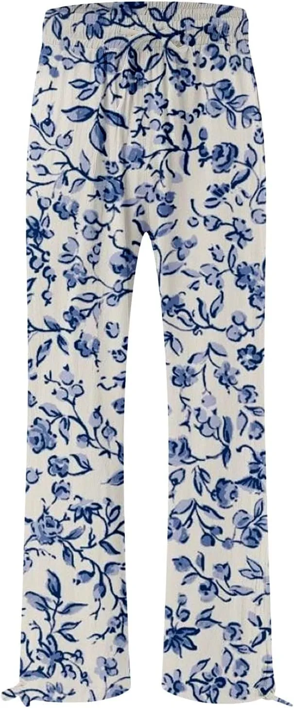 Women's Boho Tropical Print Wide Leg Pants Womens Cotton Casual Loose Pants Comfy Work Pants Casual Wide Leg Long
