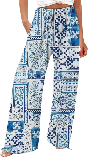 Women's Boho Tropical Print Wide Leg Pants Womens Cotton Casual Loose Pants Comfy Work Pants Casual Wide Leg Long