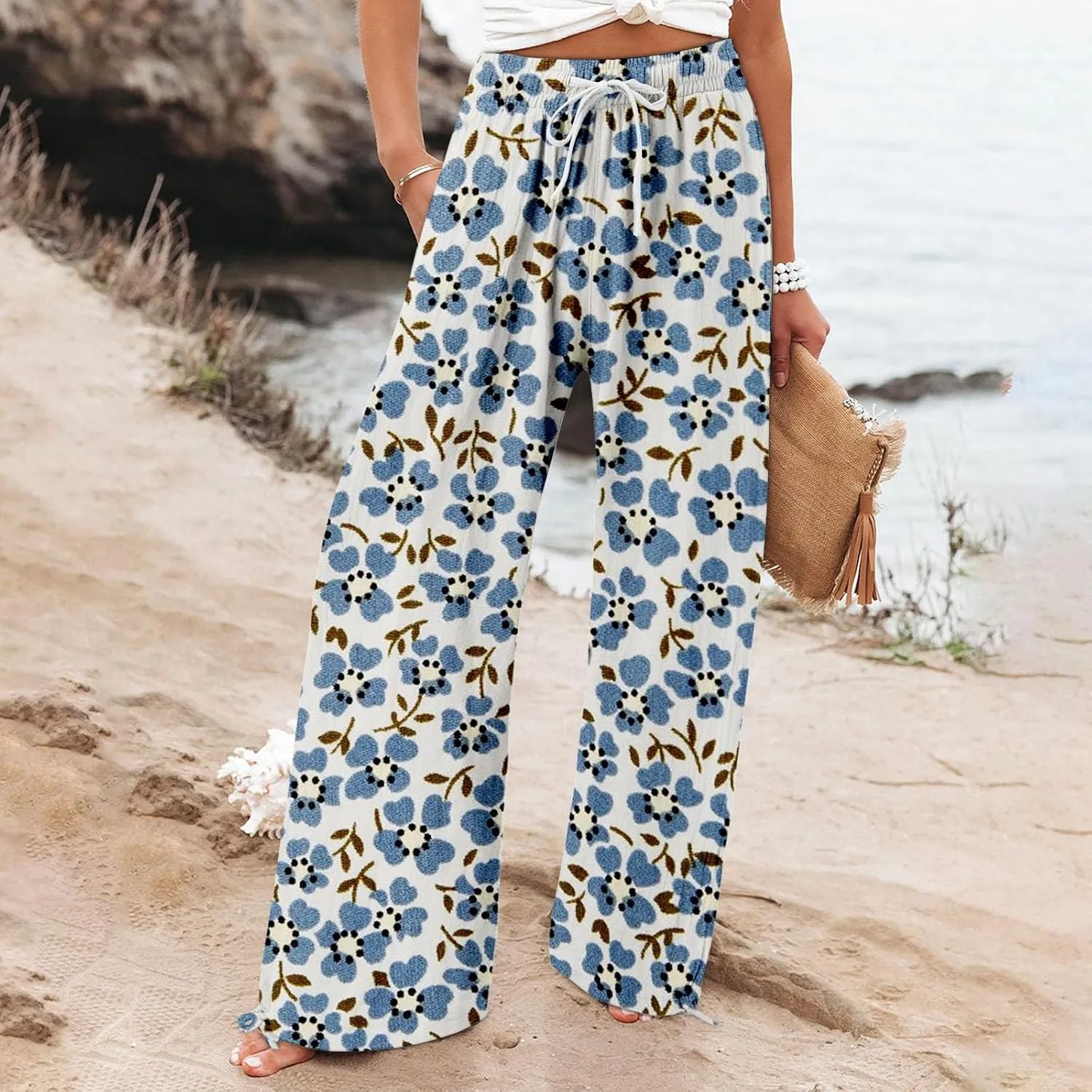 Women's Boho Tropical Print Wide Leg Pants Womens Cotton Casual Loose Pants Comfy Work Pants Casual Wide Leg Long