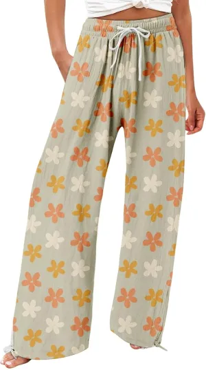 Women's Boho Tropical Print Wide Leg Pants Womens Cotton Casual Loose Pants Comfy Work Pants Casual Wide Leg Long