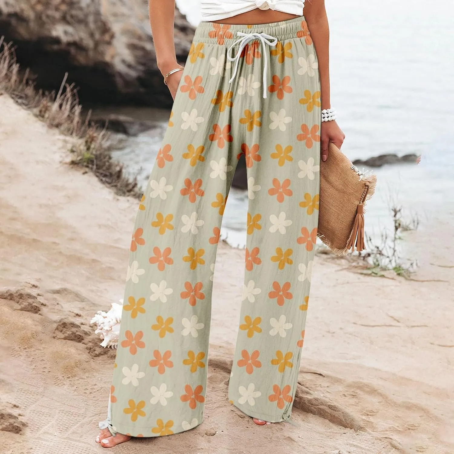 Women's Boho Tropical Print Wide Leg Pants Womens Cotton Casual Loose Pants Comfy Work Pants Casual Wide Leg Long